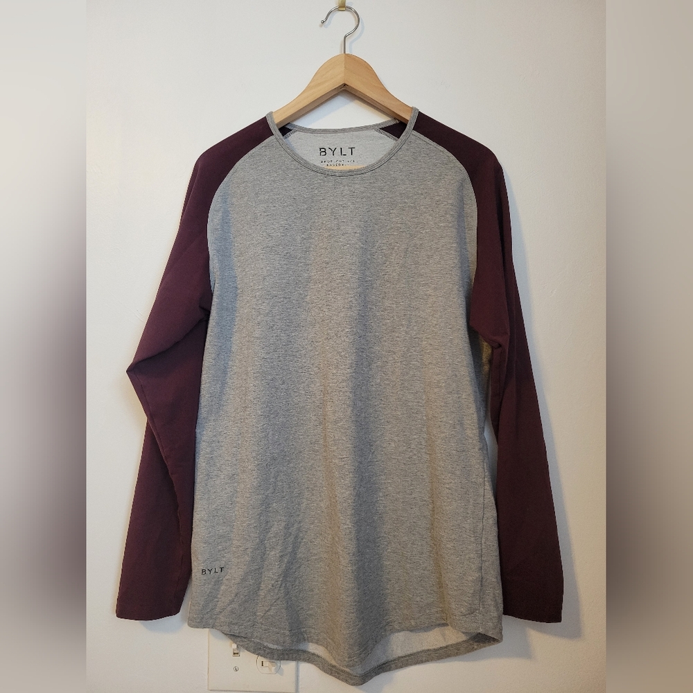 BYLT Drop Cut Long Sleeve Baseball Lux Shirt Mens Medium Gray Crewneck